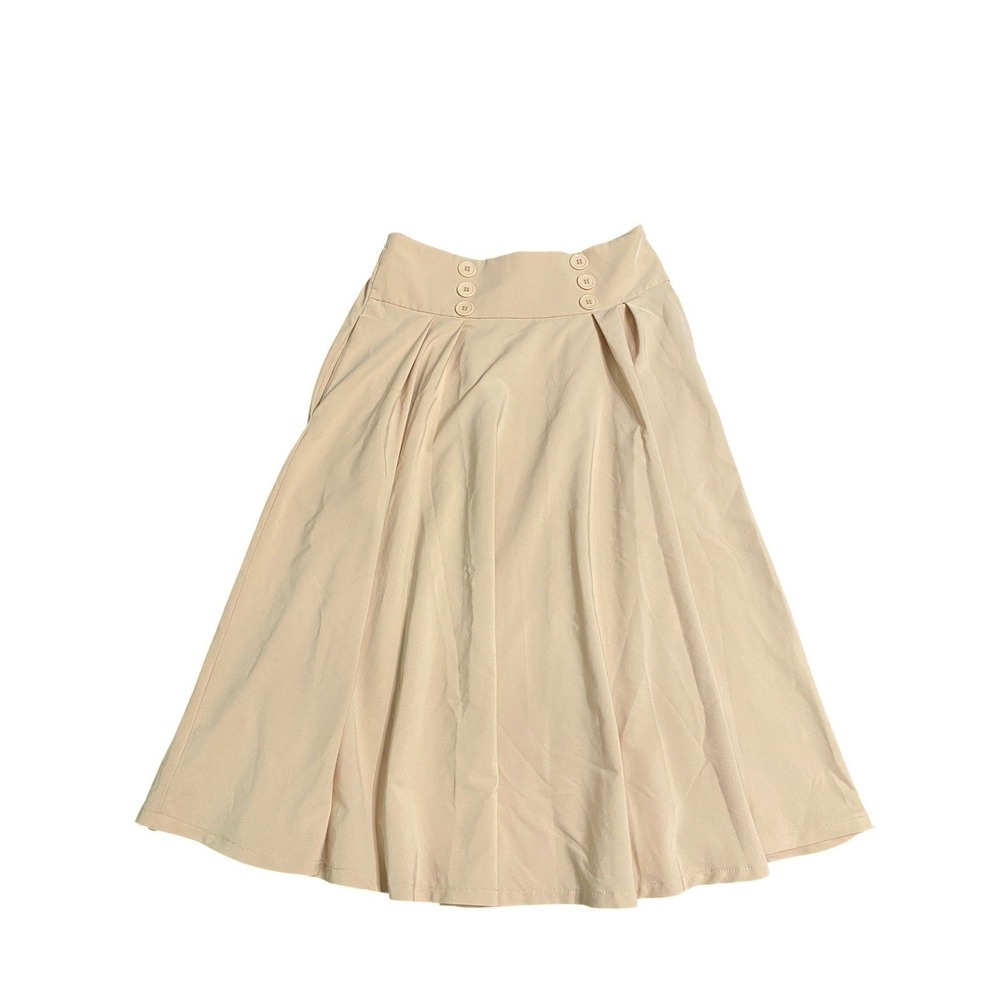 Belle Poque Women's Midi Skirt M Beige High Waist Button Detail A-Line Pockets